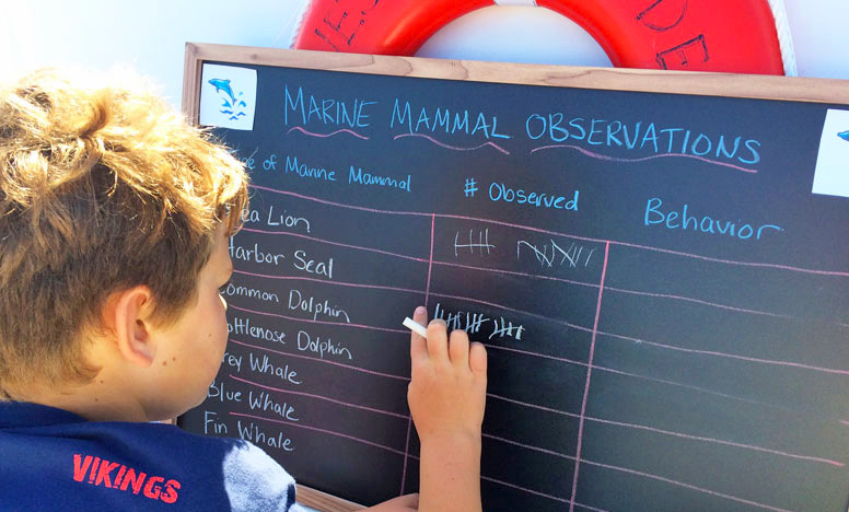 A boy makes a mark on a chalkboard while participating in the Marine Education program in Southern California.