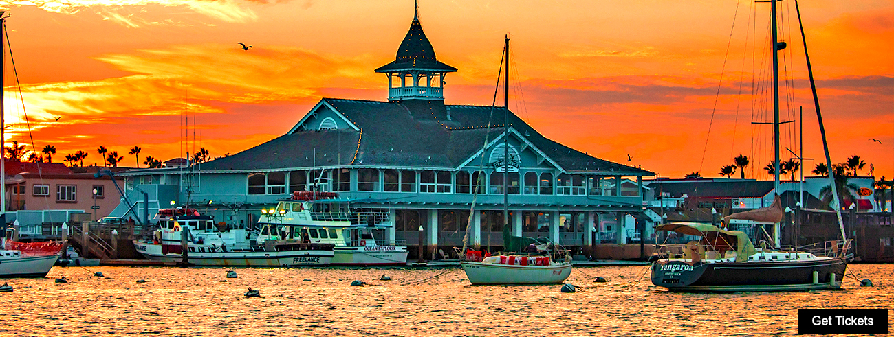 Boats docked at a harbor in Newport, California while the sun sets in the background.