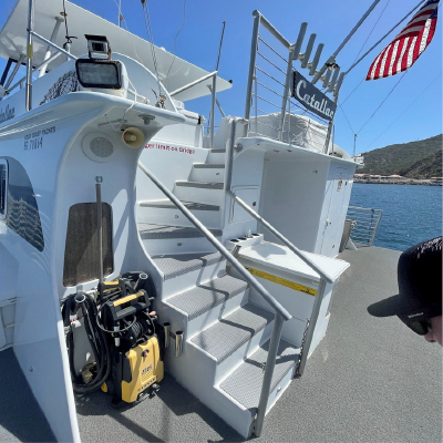 The stern of The Catallac whale watching boat in Newport Beach.