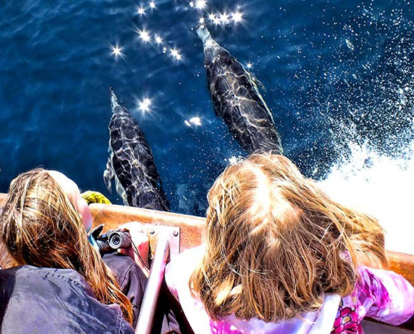 Two young girls look out at the Pacific Ocean while two dolphins swim in the water beneath their boat.