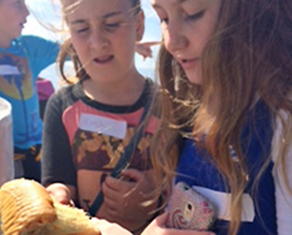 Two young girls examine a piece of coral from the Pacific Ocean.